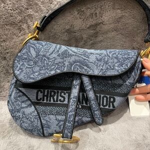 Dior Blue Jacquard Saddle Shoulder Bag with Gold Hardware